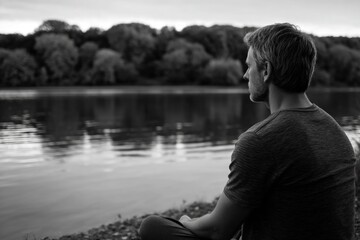 Fototapeta premium Man by the lake at sunset