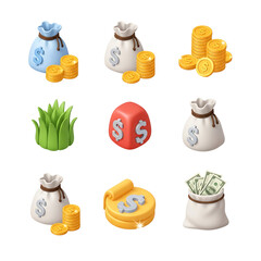 Financial assets 3d icons set: money bags, coins, cash, investment symbols