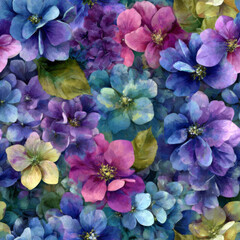 Captivating seamless floral pattern rendered in Adobe Photoshop, featuring an enchanting mix of Deep Blue, Amethyst Purple, and Rose Pink flowers with a painterly texture, perfect for sophisticated de