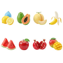 Selection of vibrant 3d fruits, including apple, banana, mango, and papaya