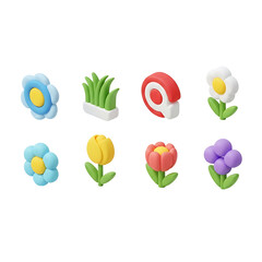 Cute 3d rendered garden elements, spring flowers, grass, and tools for designs