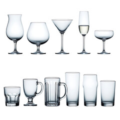 Diverse collection of empty drinking glasses, stemware, and barware types