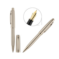 Elegant gold fountain and rollerball pens with nib detail for business