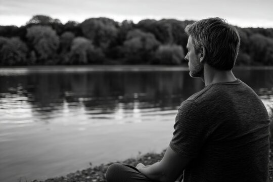 Man by the lake at sunset