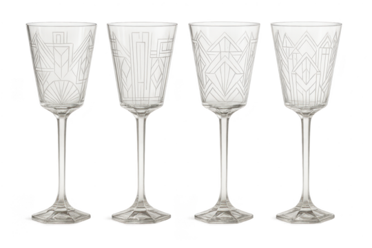 Four elegant Art Deco etched crystal glasses, isolated on transparent background