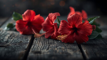 Stunning hibiscus blossoms on rustic wood surface