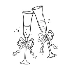 Сoquette Bows on Champagne or Wine Glasses. Champagne glasses with fizzy beverage in doodle style. Alcohol, cocktail, drink menu. Celebration, party, holiday symbol. Birthday, anniversary, Christmas