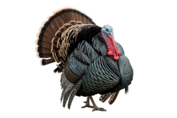 A magnificent male turkey, displaying its fanned tail feathers and vibrant red and blue head, standing proudly on a transparent background. background removed
