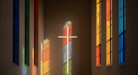 White cross illuminated by vibrant stained glass light patterns on a church wall, creating a spiritual and peaceful atmosphere.