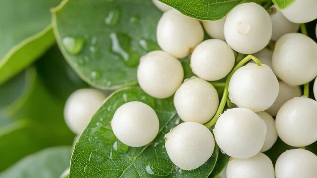 Mistletoe Berries Close Up: A close-up view unveils the intricate beauty of mistletoe berries, their creamy orbs contrasting against lush green foliage and droplets.