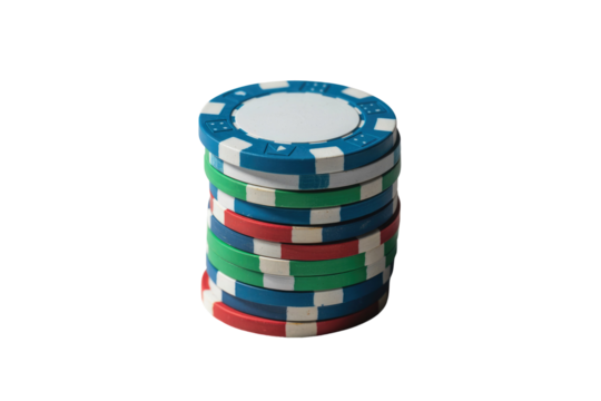 A vibrant stack of colorful poker chips, featuring blue, green, and red with white accents, ready for a game. background removed
