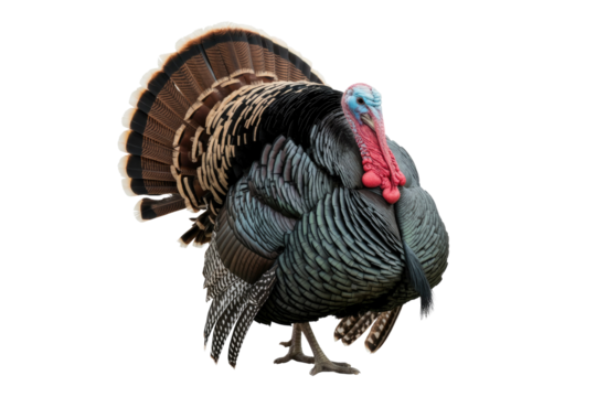 A magnificent male turkey, displaying its fanned tail feathers and vibrant red and blue head, standing proudly on a transparent background. background removed