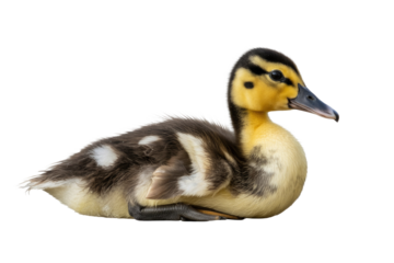 A cute, fluffy duckling with yellow, brown, and white markings, featuring a black-speckled face, resting on a transparent background. background removed