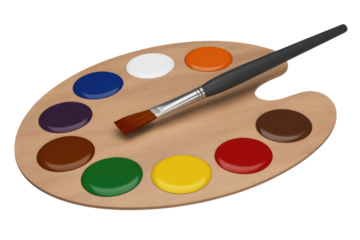 A wooden artist's palette featuring a paintbrush and nine vibrant blobs of paint, showcasing a full spectrum of colors. background removed