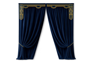 Blue velvet curtains, gold trim, isolated on transparent background.
