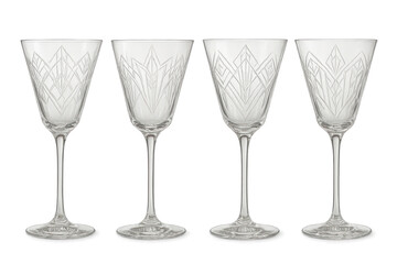 Four elegant etched crystal wine glasses, isolated on a transparent background