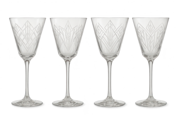 Four elegant etched crystal wine glasses, isolated on a transparent background