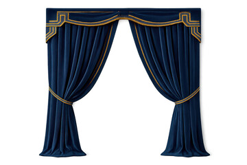 Luxurious blue velvet drapes with gold trim, isolated on transparent background.