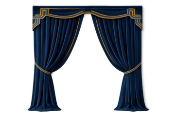 Luxurious blue velvet drapes with gold trim, isolated on transparent background.