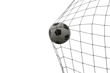 A classic black and white soccer ball is perfectly nestled within a goal net, symbolizing a successful score or goal, isolated on green. background removed