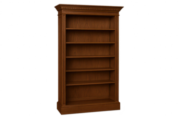 Classic wooden bookshelf with empty shelves, isolated on a transparent background