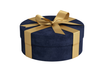 A luxurious round dark blue velvet gift box with a shimmering golden ribbon and bow, perfect for gifts and celebrations. background removed