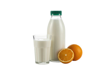 A refreshing combination of milk in a bottle and glass, accompanied by fresh oranges, one whole and one sliced. background removed