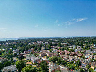 Bournemouth Beach and Ocean City of England. Aerial Footage Was Captured During Hot Sunny Day of 12th, August 2025 With Drone Camera. Bournemouth City is Most Attractive Tourist Attraction of England.