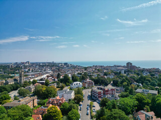 Bournemouth Beach and Ocean City of England. Aerial Footage Was Captured During Hot Sunny Day of 12th, August 2025 With Drone Camera. Bournemouth City is Most Attractive Tourist Attraction of England.