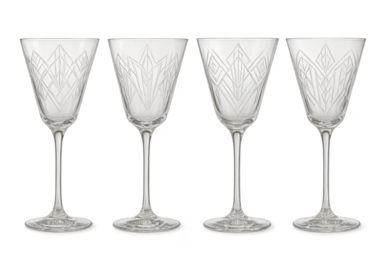 Four elegant etched crystal wine glasses, isolated on a transparent background