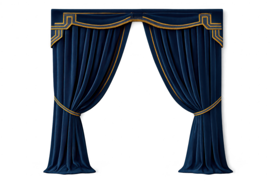 Luxurious blue velvet drapes with gold trim, isolated on transparent background.