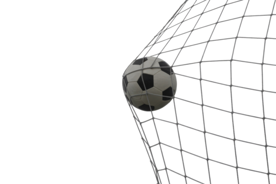 A classic black and white soccer ball is perfectly nestled within a goal net, symbolizing a successful score or goal, isolated on green. background removed