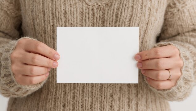 Cozy Christmas Card Mockup Held In Hands With Knitted Sweater And Soft Winter Background For Warm Seasonal Design Use
