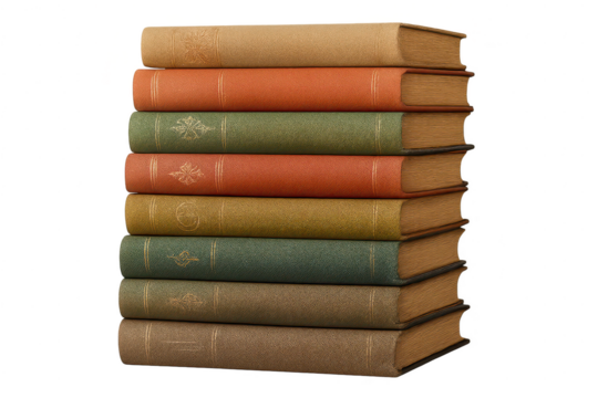 Vintage books stacked tall with colorful spines, isolated on transparent background