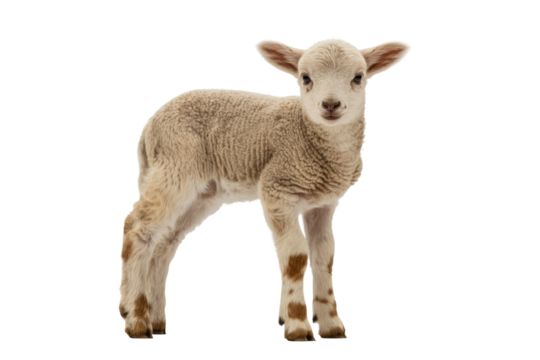 A cute, fluffy young lamb with soft wool and light brown markings stands looking directly at the camera on a solid background. background removed