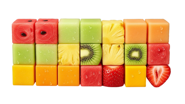 Colorful fruit cubes arranged to spell the word FOOD, showcasing various fresh fruits like watermelon, kiwi, pineapple, and strawberry on a white background.