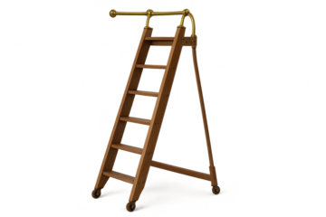 Vintage wooden rolling library ladder with brass rail, transparent background