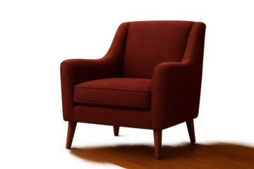 Stylish red upholstered armchair with wooden legs, isolated on transparent background.