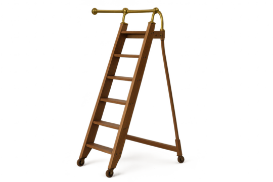 Vintage wooden rolling library ladder with brass rail, transparent background