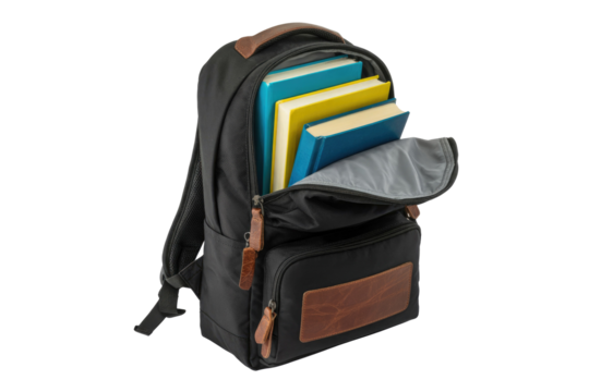 Stylish black backpack with leather accents open, revealing blue and yellow books inside, perfect for academics or daily use. background removed