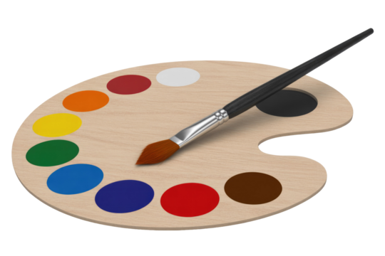 A wooden artist's palette with vibrant paint colors and a paintbrush resting on it, ready for creative artwork. background removed - Powered by Adobe