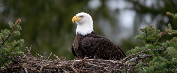Fototapeta premium A bald eagle watches protectively from its vast nest filled with quiet strength.
