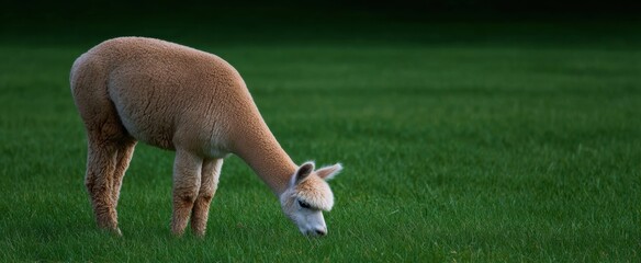 Naklejka premium Alpaca calmly grazes in a lush green pasture field.