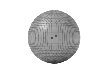 A classic shimmering disco ball, composed of countless reflective square mirrors, stands on a solid transparent background, perfect for a festive occasion. background removed