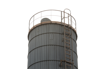 A corrugated metal industrial storage tank with a prominent ladder and top railing, isolated against a solid background for easy integration. background removed