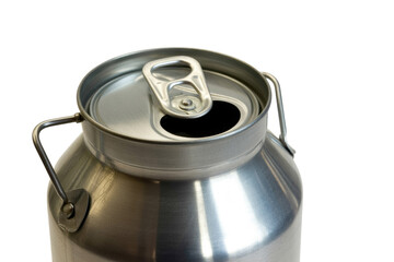 Brushed metal container, resembling a mini milk can, with an open beverage-style pop-top lid against a solid transparent background. background removed