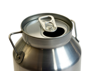 Brushed metal container, resembling a mini milk can, with an open beverage-style pop-top lid against a solid transparent background. background removed