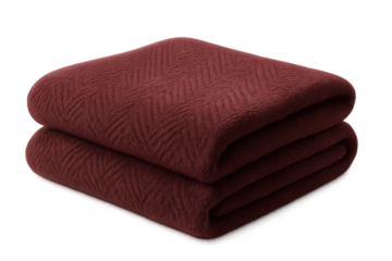 Warm maroon textured blanket, neatly folded, isolated on transparent background.