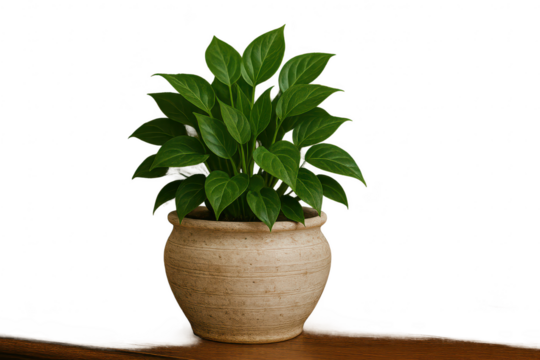 Lush green houseplant in a rustic pot, perfectly isolated on transparent background