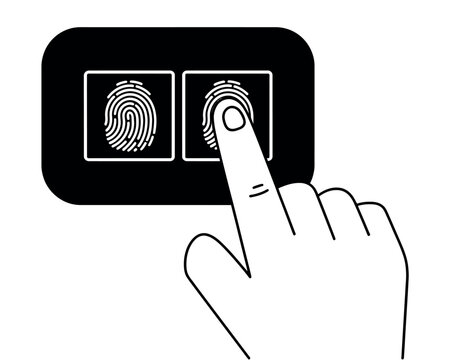 A finger touches a fingerprint scanner to authenticate access.
